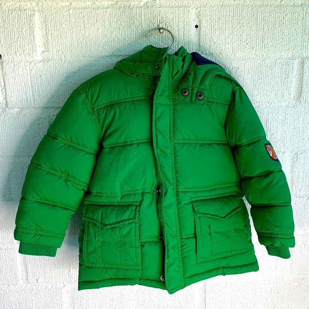 H&M Puffer Green Hooded Patch Coat sz 1 1/2 - 2 Years